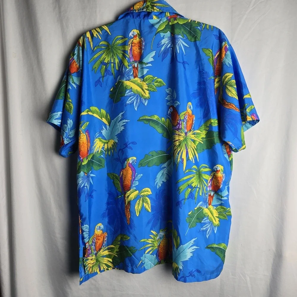 Rima Beach Lg Hawaiian Shirt Blue‎ Parrot Floral Tropical Camp Aloha Terivoile